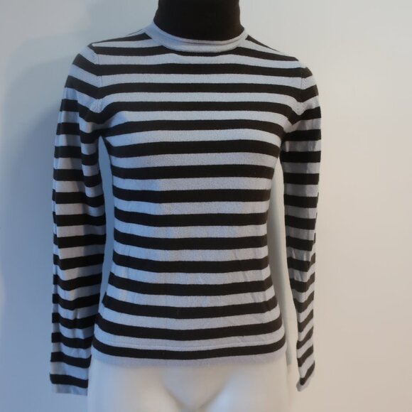 Womens Iris Singer Ice Blue Brown Striped Pure Cashmere Turtleneck Sweater S - Picture 4 of 12
